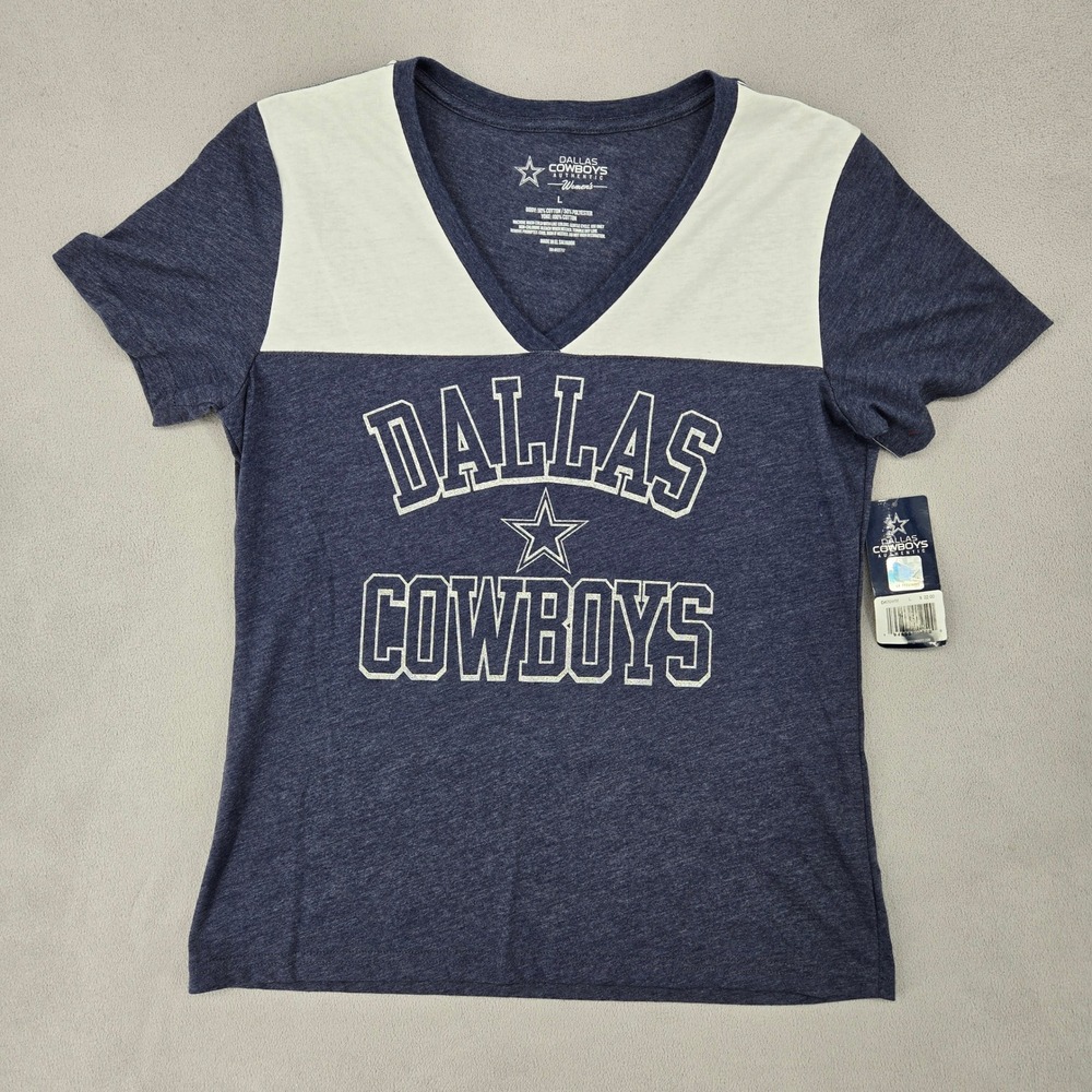 Dallas Cowboys NWT LARGE V-Neck T-Shirt Womens Sporty Glitter Graphic Tee Navy